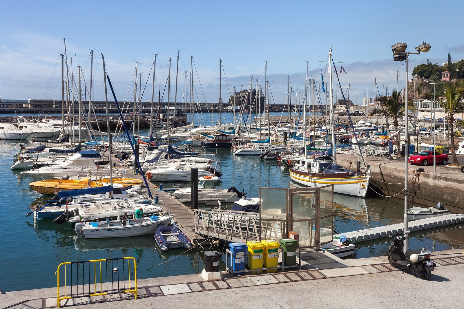 Yachts moored in Funchal marina with the city rising behind