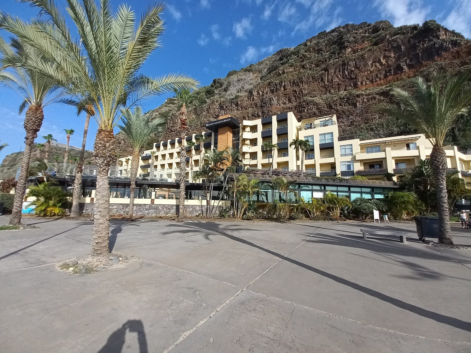 Golden sand beach and calm sheltered water at Calheta