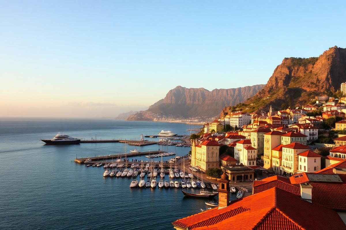Funchal waterfront and terracotta rooftops at golden hour