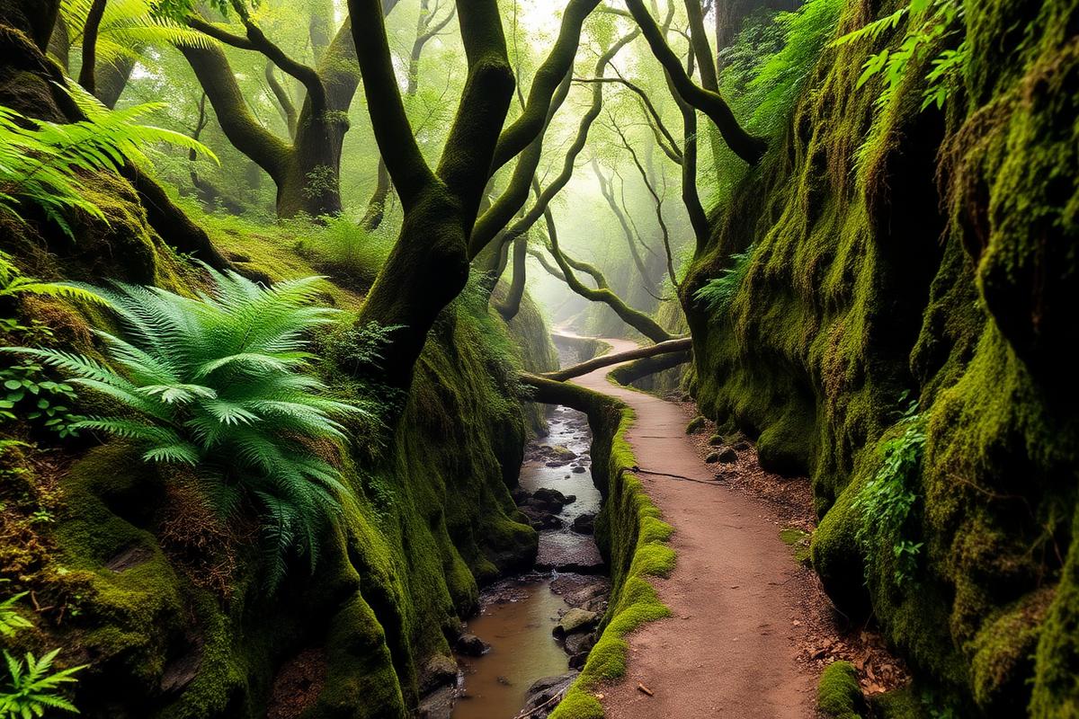 Narrow levada path through green mossy laurel forest