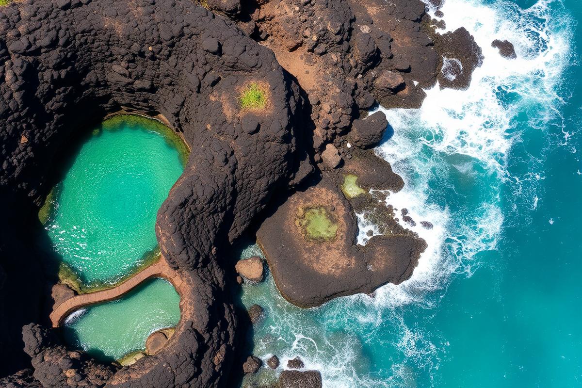Turquoise volcanic natural pools surrounded by black lava rock