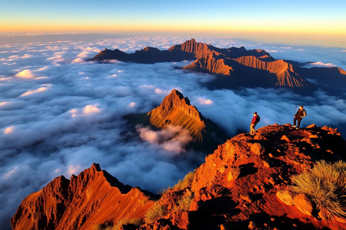 Madeiran mountain ridge above a sea of clouds at sunrise